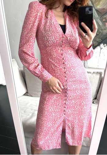 Vintage 70s Pink Floral Midi Dress - Small