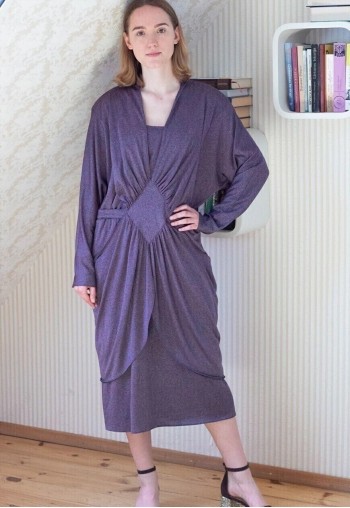 Purple and grey long sleeve belted dress