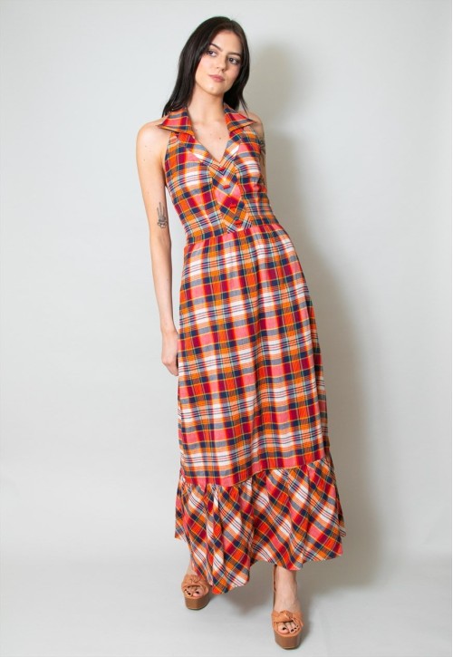 70's Vintage Ladies Halter Neck Check Maxi Dress