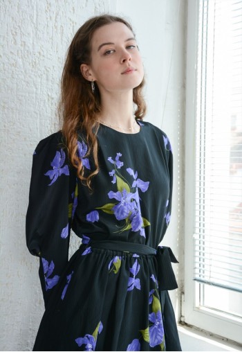 Vintage Black Flower Print Puff Sleeved Midi Dress