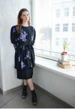 Vintage Black Flower Print Puff Sleeved Midi Dress