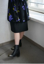 Vintage Black Flower Print Puff Sleeved Midi Dress
