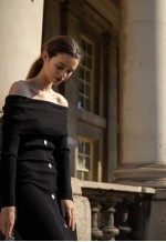 Off shoulder knit bodycon midi dress in black