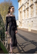 Off shoulder knit bodycon midi dress in black
