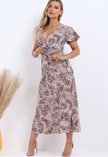 Wrap Front Split Leg Maxi Dress In White Multi Spot Print