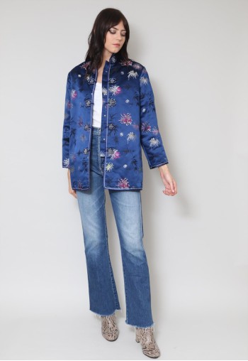 Vintage 70's Ladies Long Sleeve Jacket Blue Satin Floral