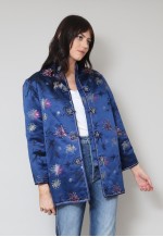 Vintage 70's Ladies Long Sleeve Jacket Blue Satin Floral